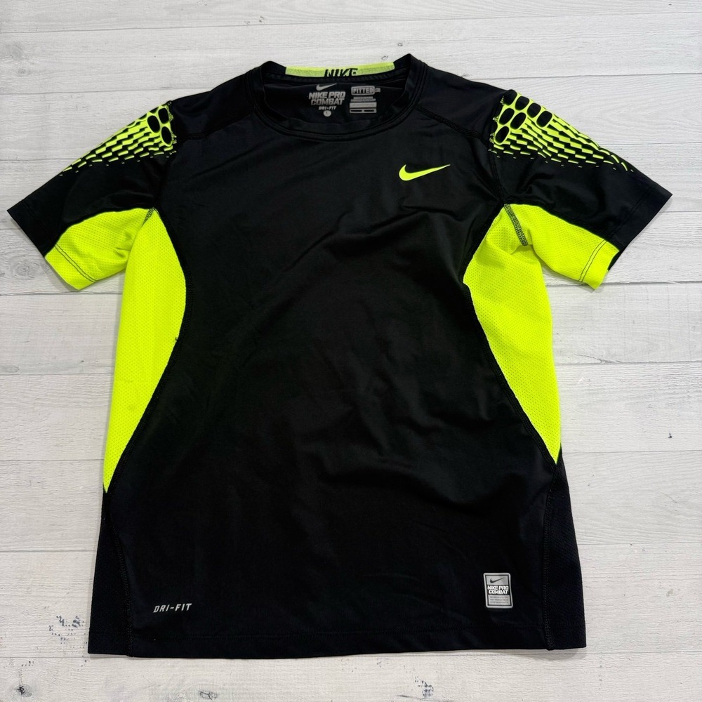 Nike‎ pro combat boys black bright yellow short sleeve shirt youth large